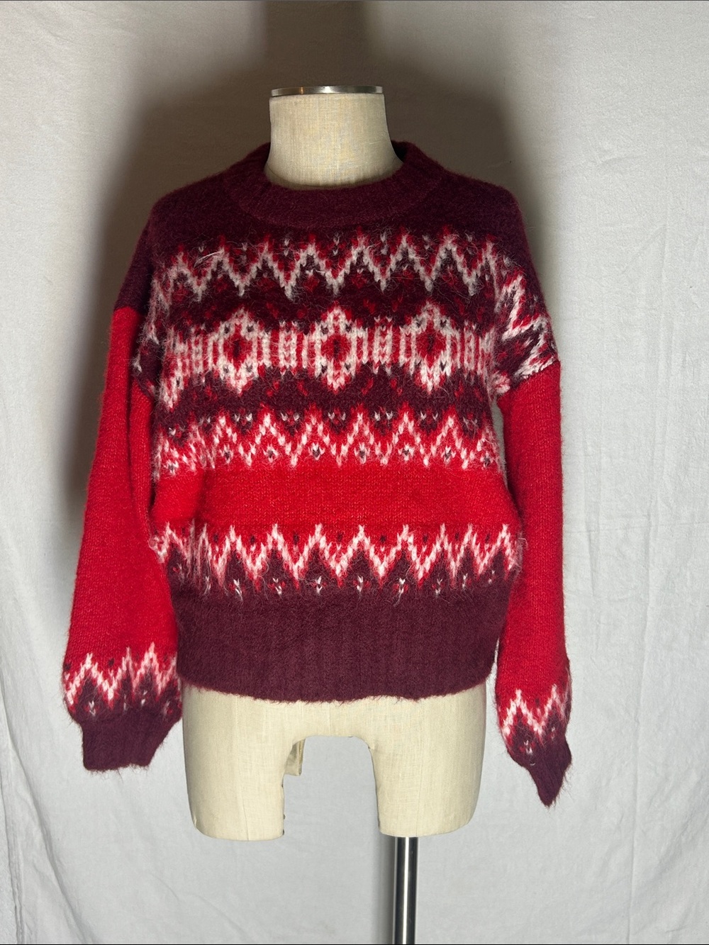 LOFT Red and Burgundy Fair Isle Crewneck Sweater